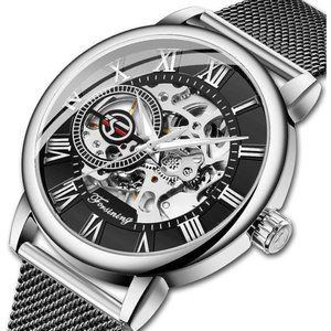 Men Black Silver Classic Roman Numeral‎ Steampunk Mechanical Watch